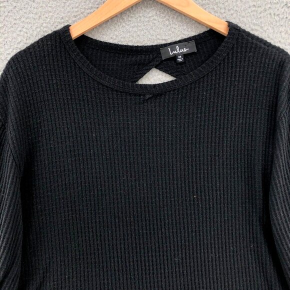 Lulus Sweater Womens Medium Black Balloon Sleeve Backless Waffle Knit Pullover - Picture 2 of 9